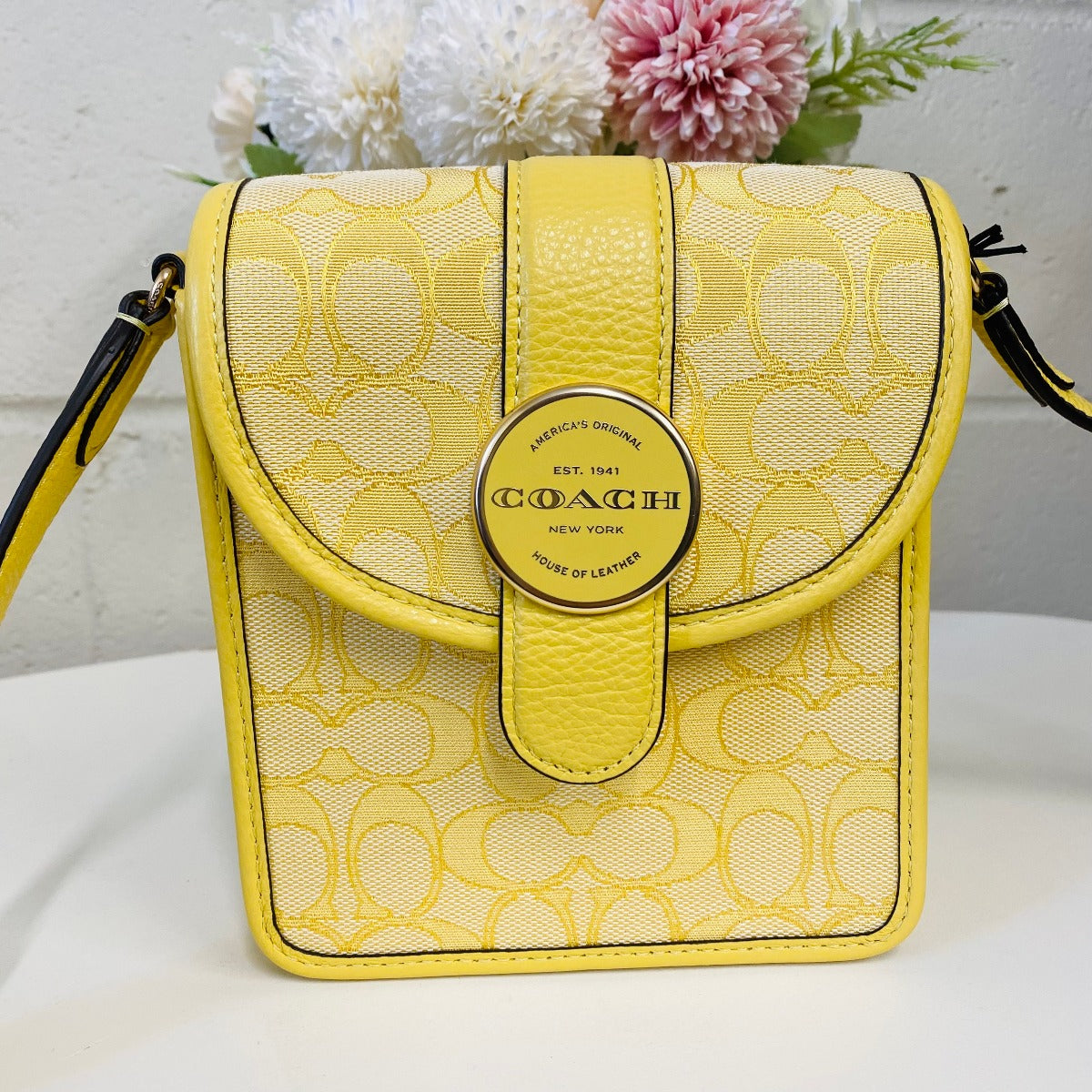 Coach C8321 North/South Lonnie Crossbody In Signature Jacquard In Retro Yellow Coach C8321 North/South Lonnie Crossbody In Signature Jacquard In Retro Yellow